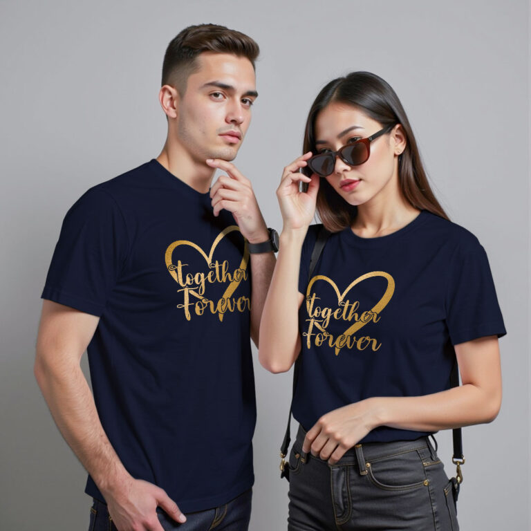 Heart Together Forever Custom Gold Printed Couple T-shirt