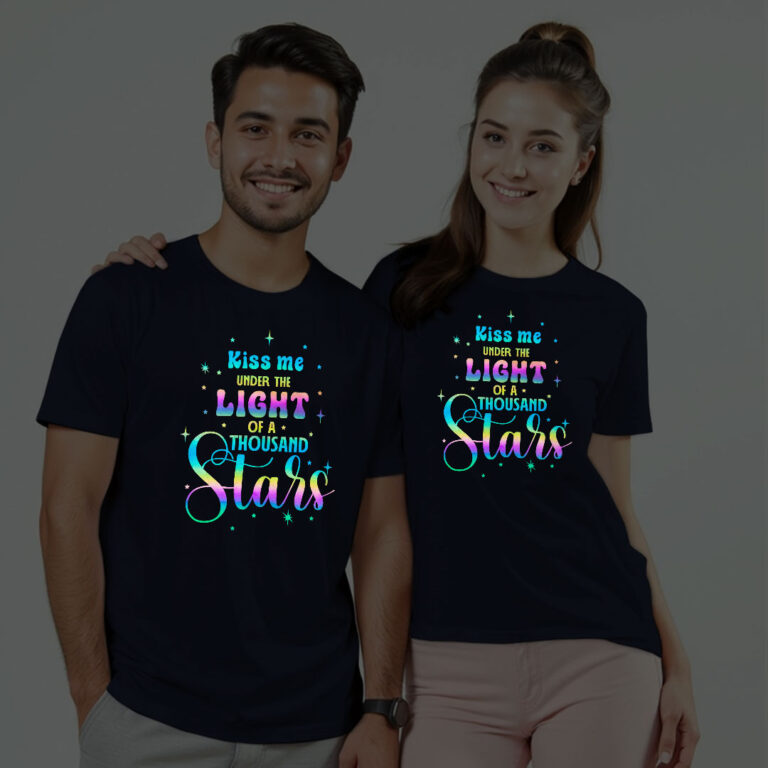Kiss me under the Light of a Thousand Stars Custom Couple Rainbow Reflective T-shirt