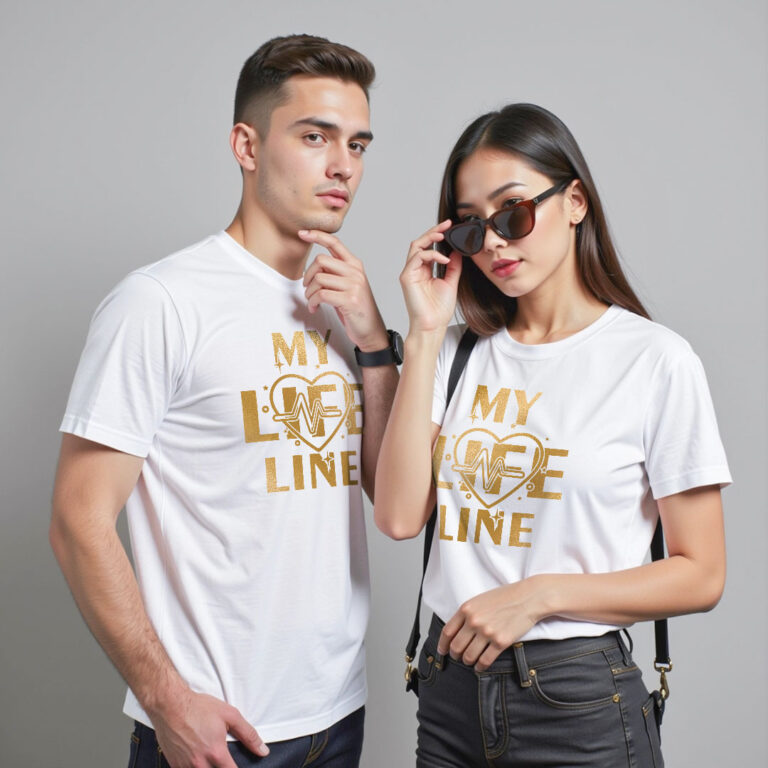 My Life Line Custom Gold Printed Couple T-shirt
