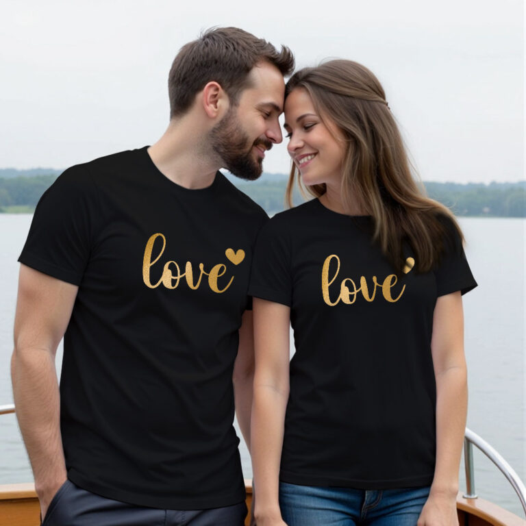 Love Custom Gold Printed Couple T-shirt
