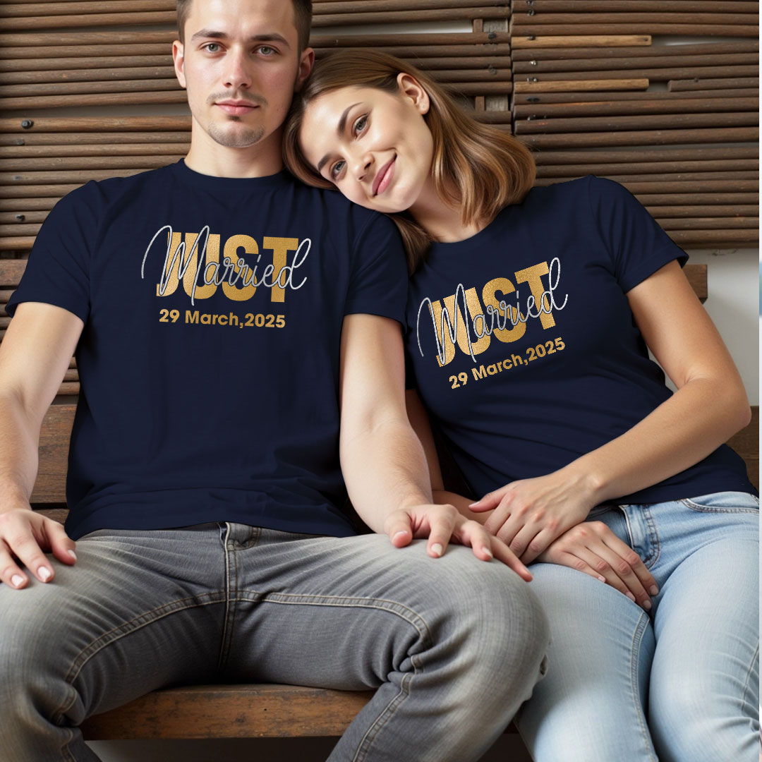 Just Married Custom Gold Printed Couple T-shirt