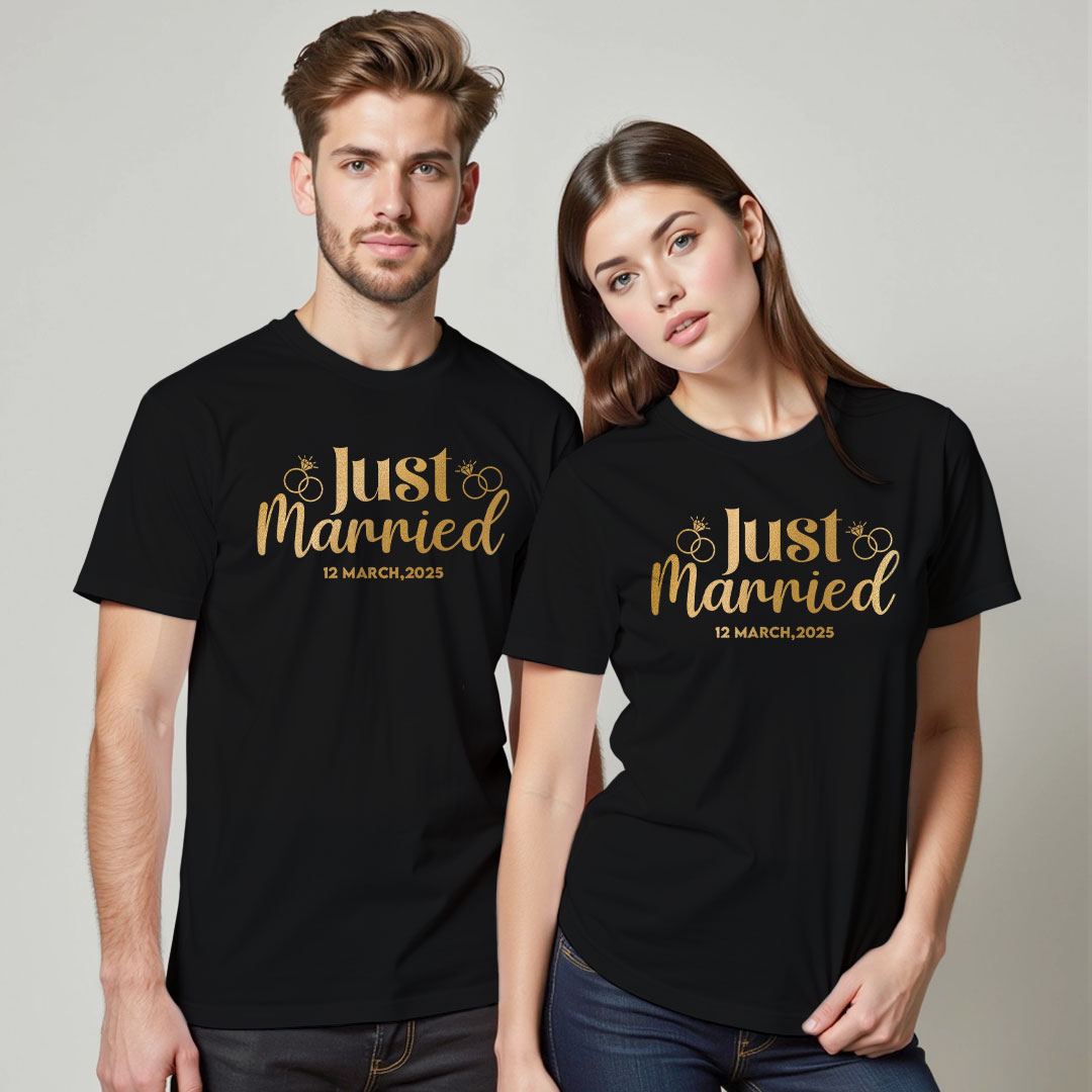 Unique Just Married Custom Gold Printed Couple T-shirt