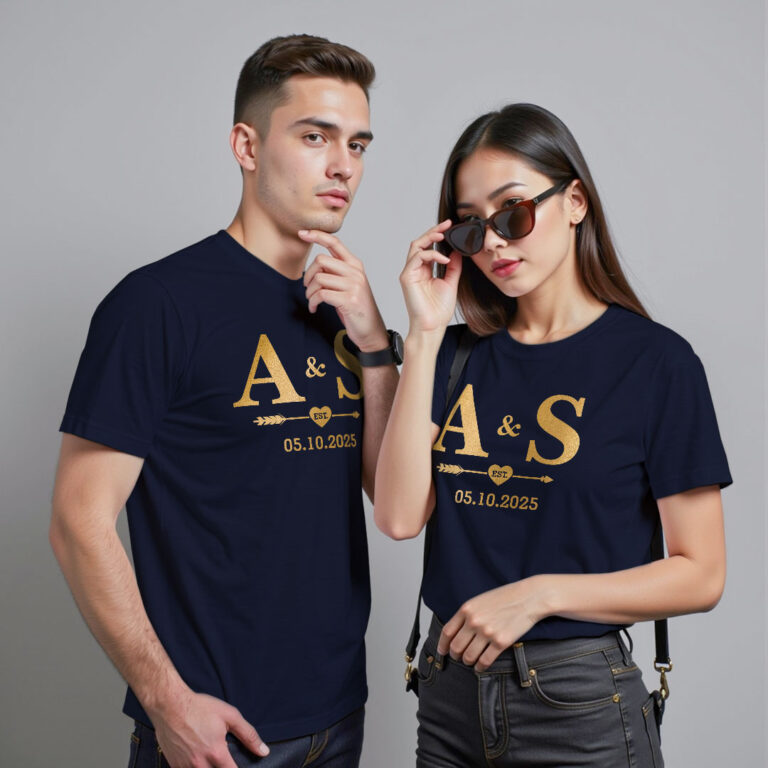 Custom Name and Date Custom Gold Printed Couple T-shirt