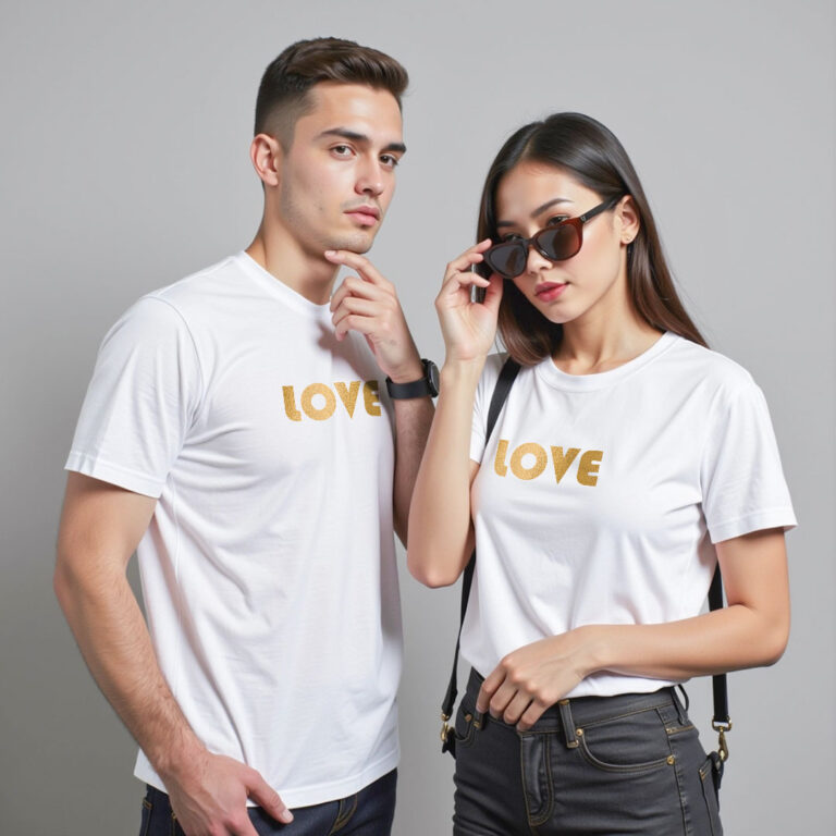 Love Custom Gold Printed Couple T-shirt