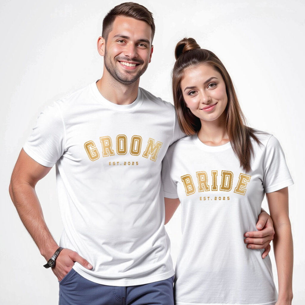 Custom Bride Groom Gold Printed Wedding T-shirt | Bride_Groom | Metalic Print | Black