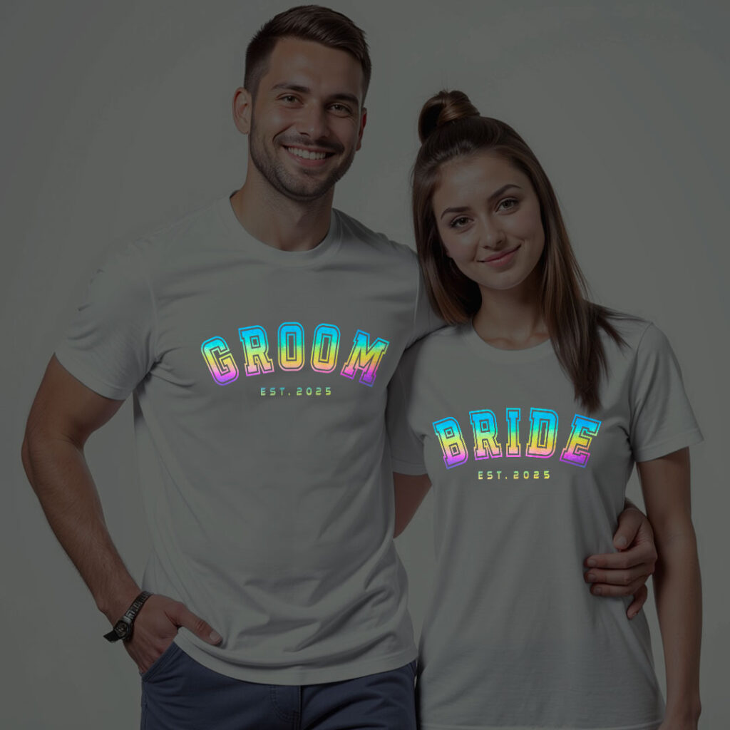 Custom Bride Groom Wedding Rainbow Reflective T-shirt | Bride_Groom | Rainbow Reflective | Beige