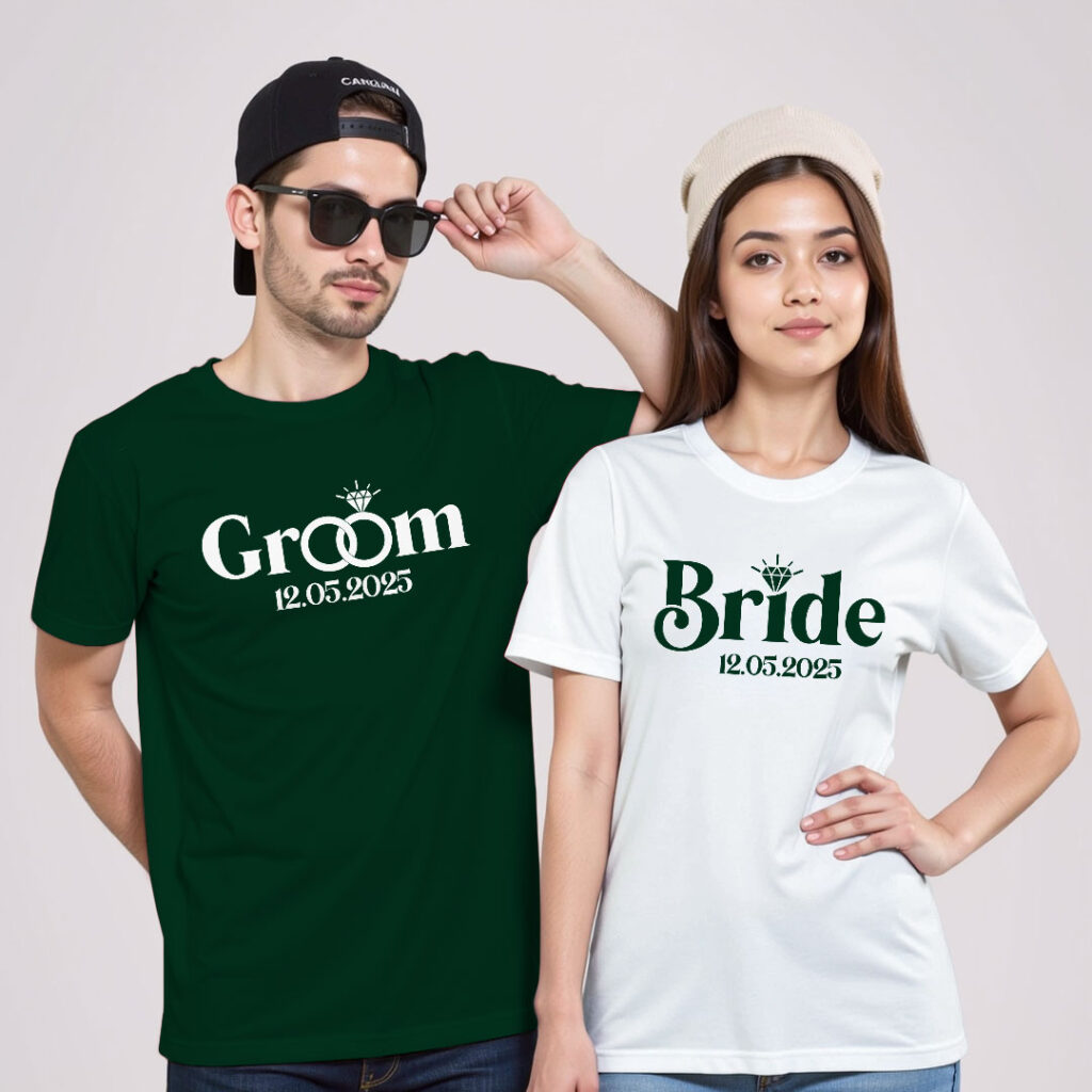 Bride Groom Custom Wedding T-shirt | Bride_Groom | Regular Print | Beige