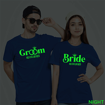 Bride Groom Custom Wedding Glow In The Dark T-shirt | Bride_Groom | Night Glow | Beige