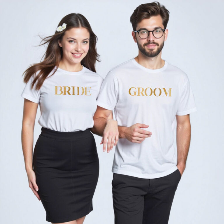 Bride Groom Gold Printed Wedding T-shirt