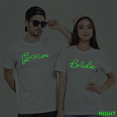 Groom Bride Special Wedding Glow In The Dark T-shirt | Bride_Groom | Night Glow | Beige