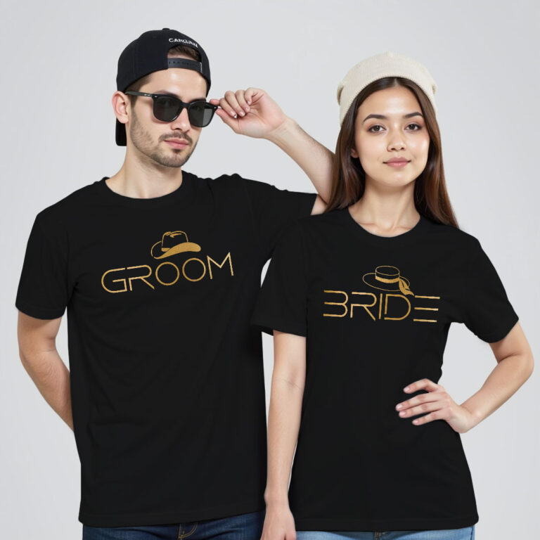 Bride goom with Hat Stlye Gold Printed Wedding T-shirt