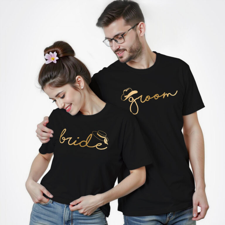 Unique Bride Groom Gold Printed Wedding T-shirt
