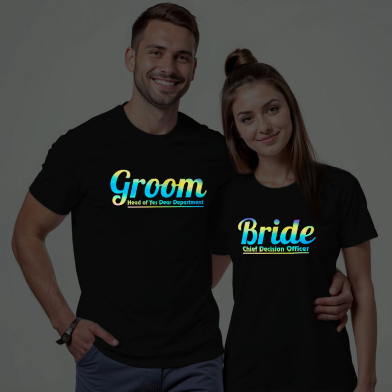 Bride Groom | Under management New Boss Wedding Rainbow Reflective T-shirt