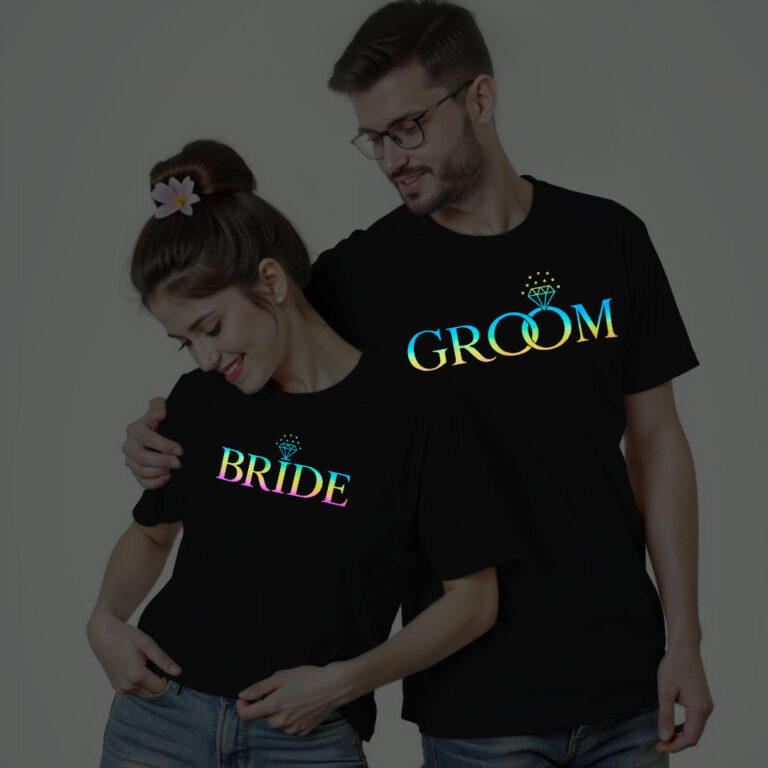 Groom & Bride Wedding Rainbow Reflective T-shirt
