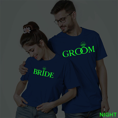 Groom & Bride Wedding Glow In The Dark T-shirt | Bride_Groom | Night Glow | Beige