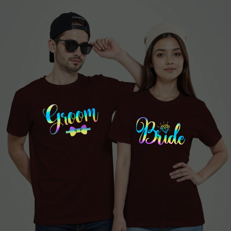 Groom Bride Wedding Rainbow Reflective T-shirt