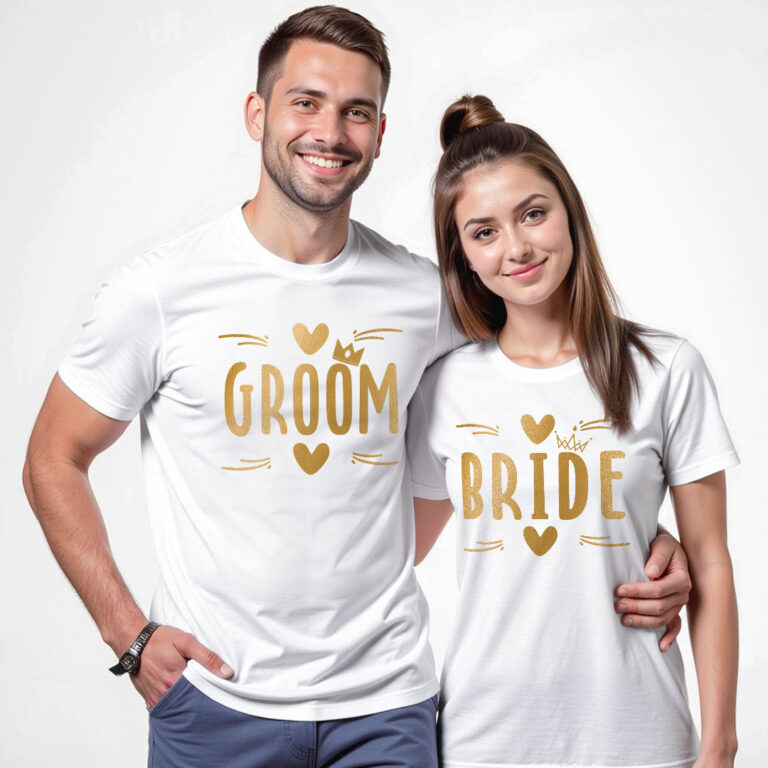 King Groom Queen Bride Gold Printed Wedding T-shirt