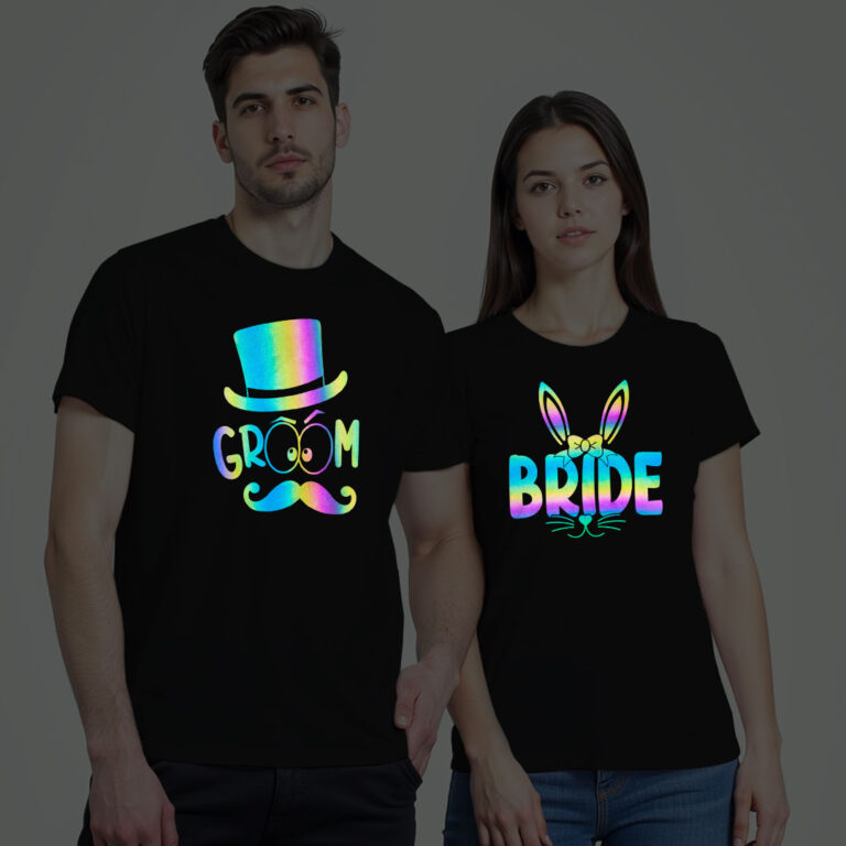 Funny Bride Groom Wedding Rainbow Reflective T-shirt