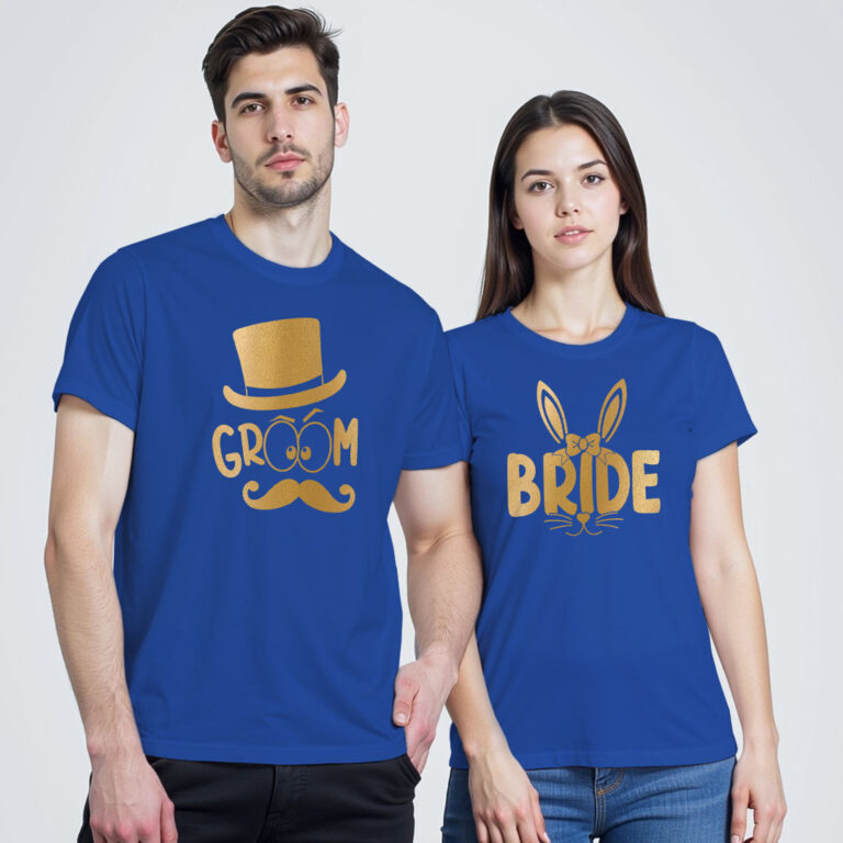 Funny Bride Groom Gold Printed Wedding T-shirt