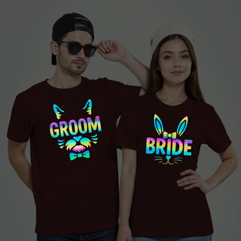 Groom Bride Wedding Rainbow Reflective T-shirt