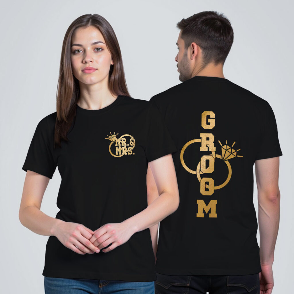 Mr. and Mrs. Bride Groom Gold Printed Wedding T-shirt | Bride_Groom | Metalic Print | Black
