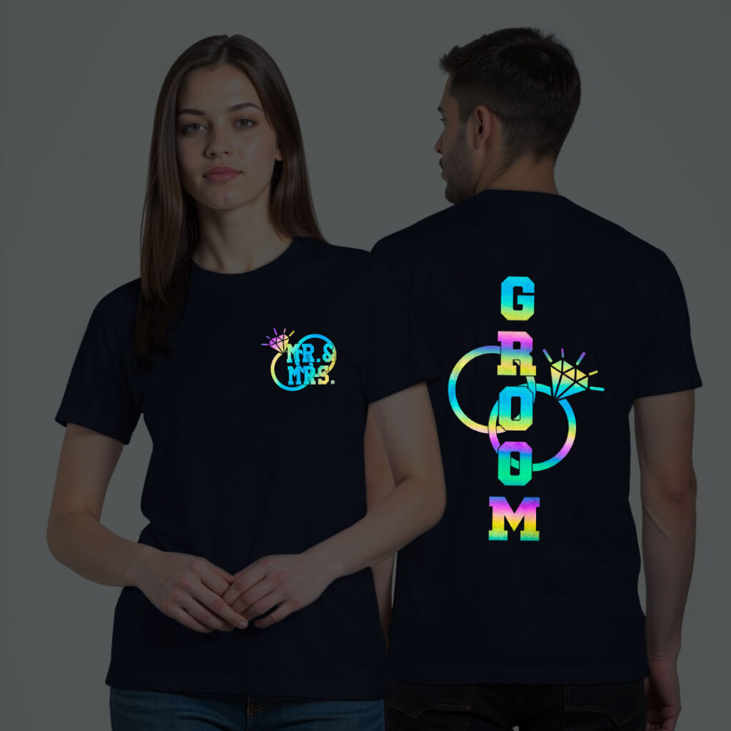 Mr. and Mrs. Bride Groom Wedding Rainbow Reflective T-shirt | Bride_Groom | Rainbow Reflective | Beige