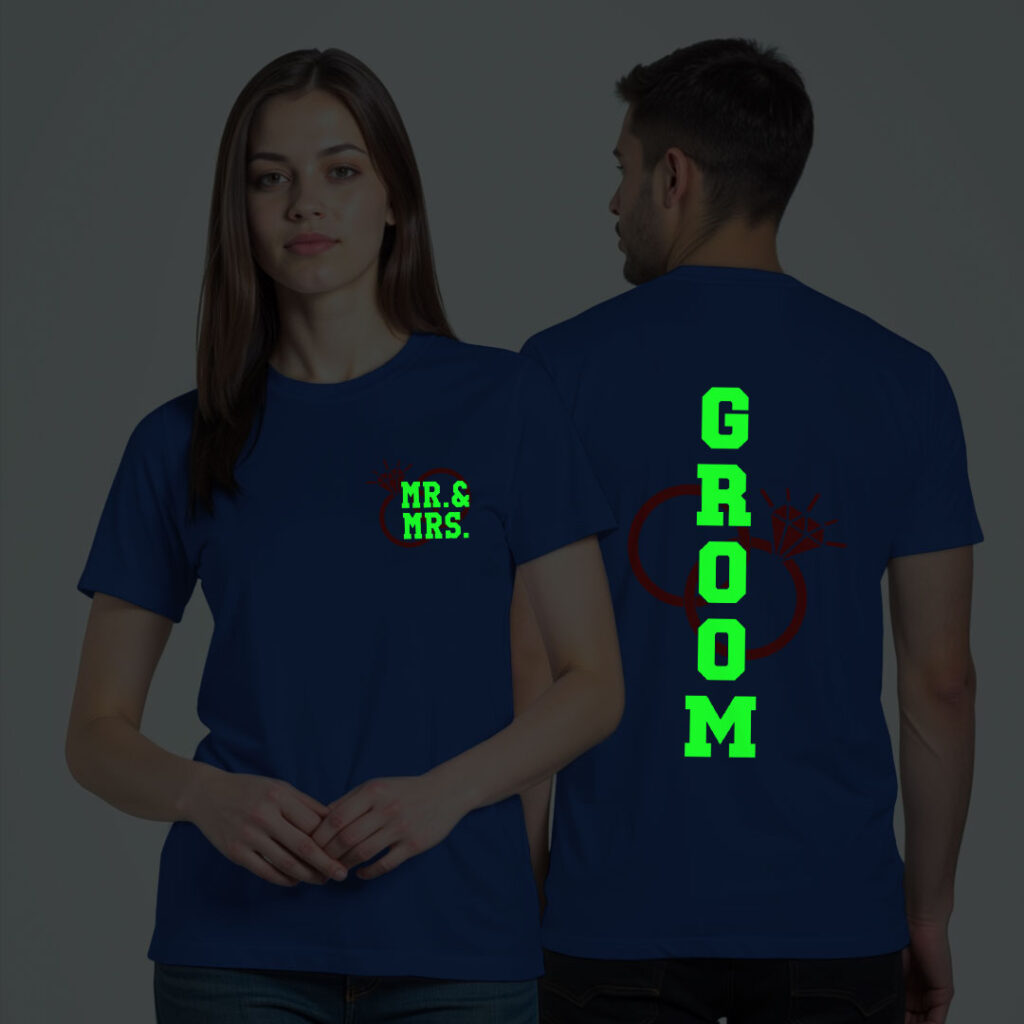 Mr. and Mrs. Bride Groom Wedding Glow In The Dark T-shirt | Bride_Groom | Night Glow | Beige