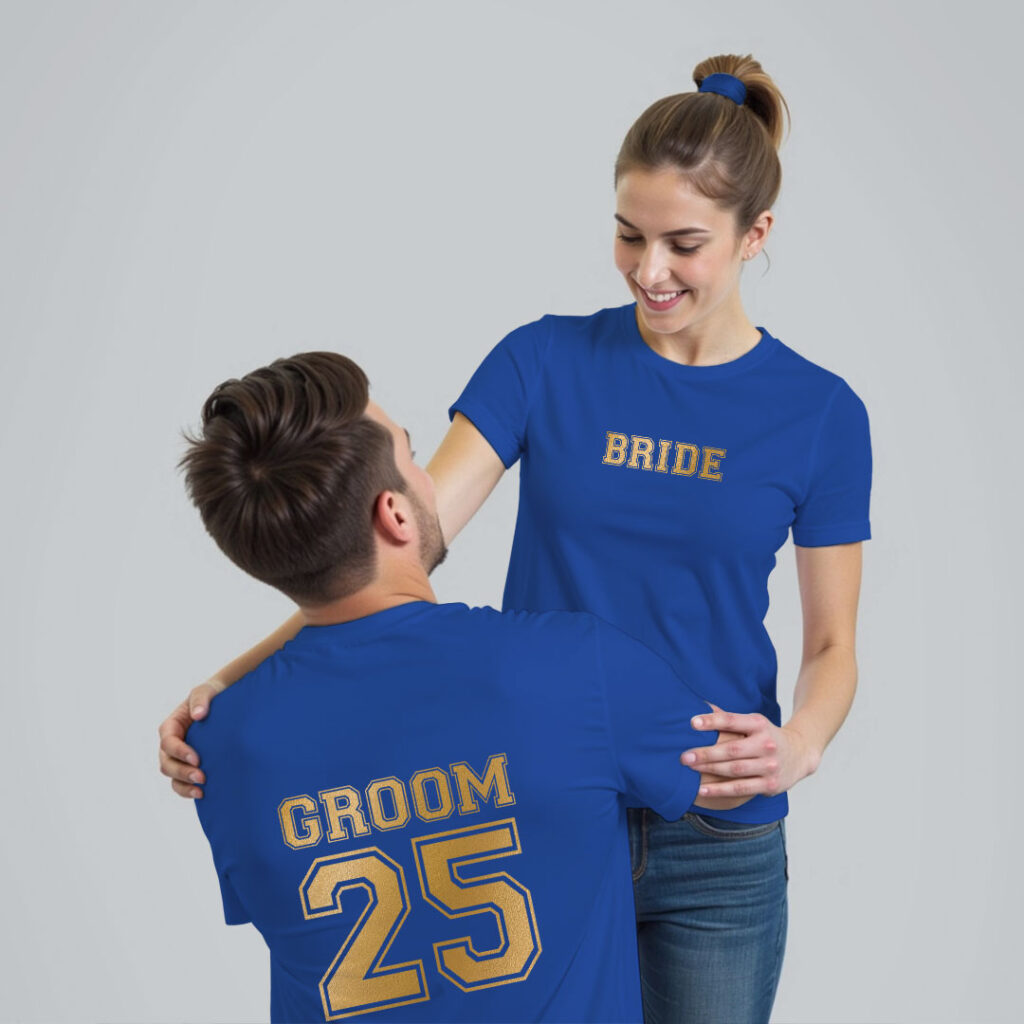 Bride Groom Custom No. Gold Printed Wedding T-shirt | Bride_Groom | Metalic Print | Black