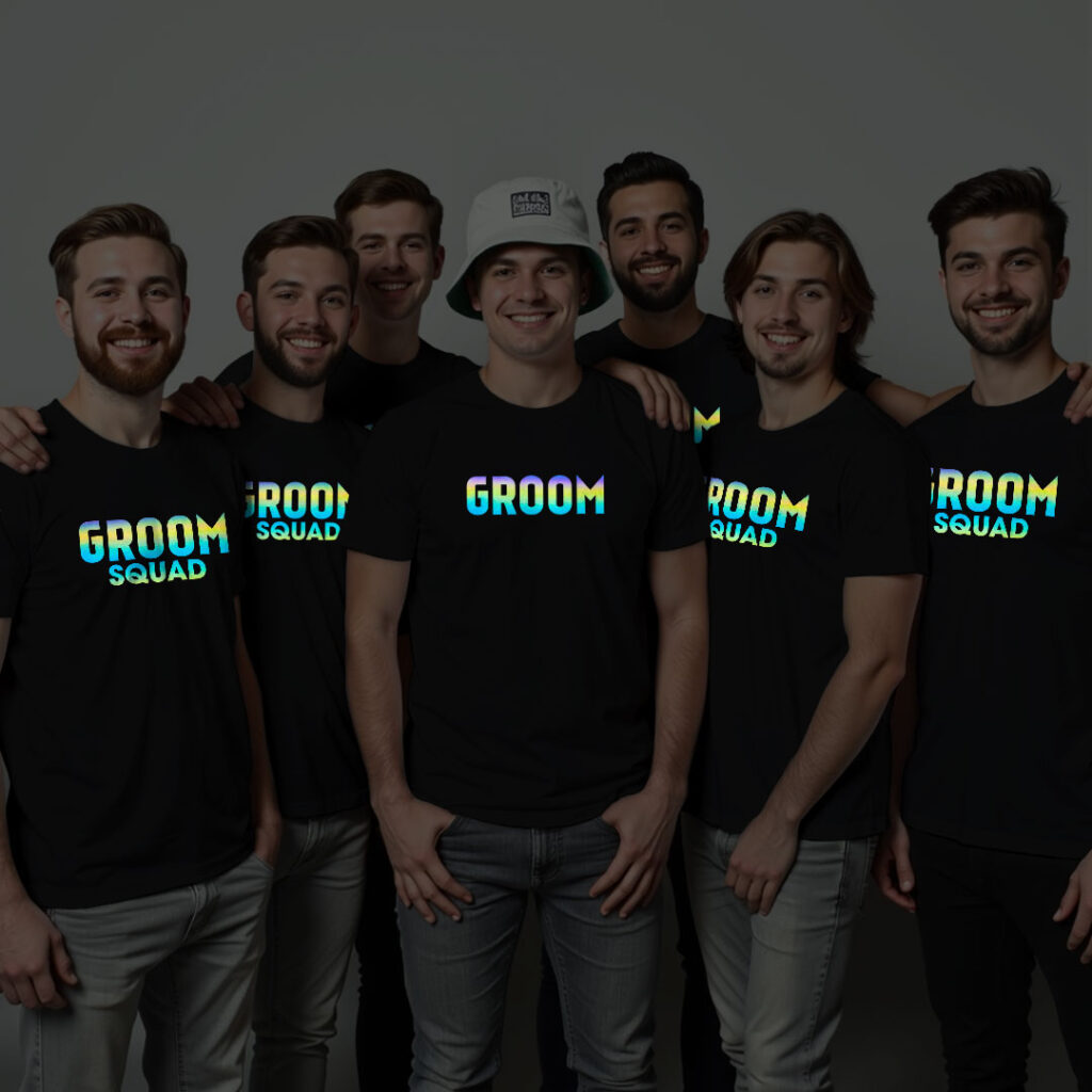 Groom & Groom Squad Wedding Rainbow Reflective T-shirt | Groom Squad | Rainbow Reflective | Beige