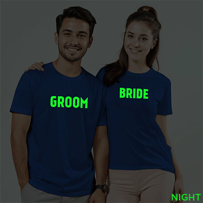 Bride Groom Wedding Glow In The Dark T-shirt | Bride_Groom | Night Glow | Beige