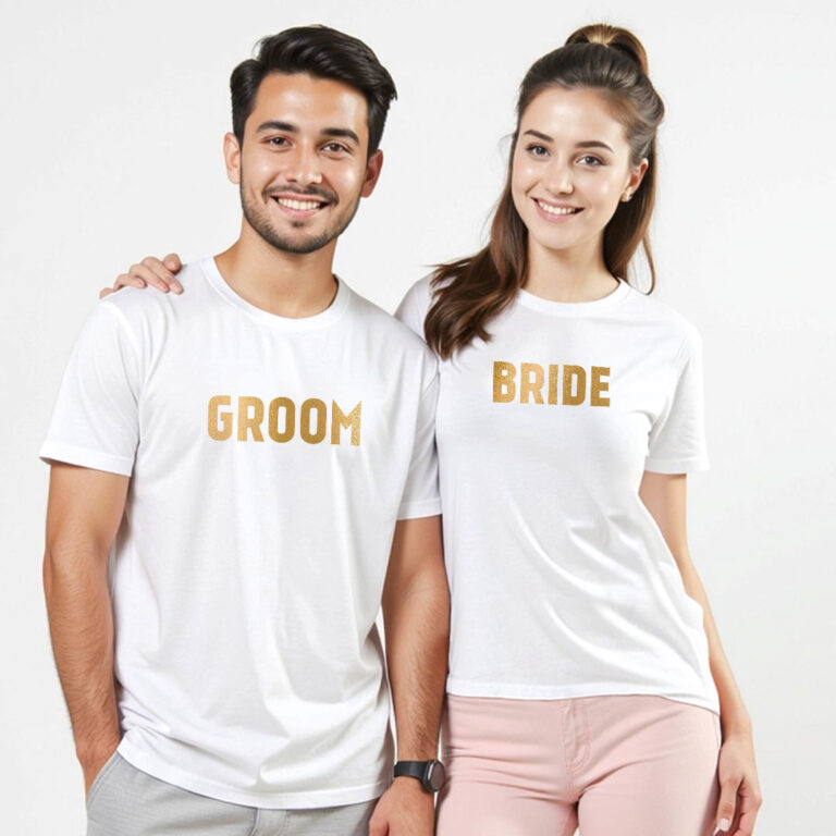 Bride Groom Gold Printed Wedding T-shirt