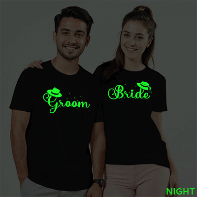 Unique Bride Groom Wedding Glow In The Dark T-shirt | Bride_Groom | Night Glow | Beige
