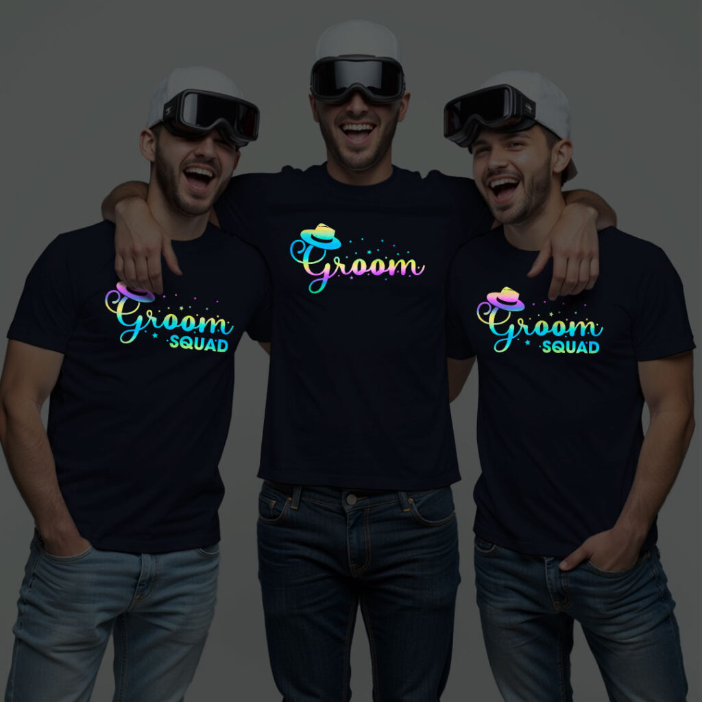 Unique Groom & Groom Squad Wedding Rainbow Reflective T-shirt | Groom Squad | Rainbow Reflective | Beige