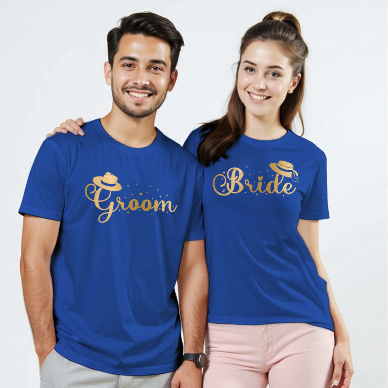 Unique Bride Groom Gold Printed Wedding T-shirt