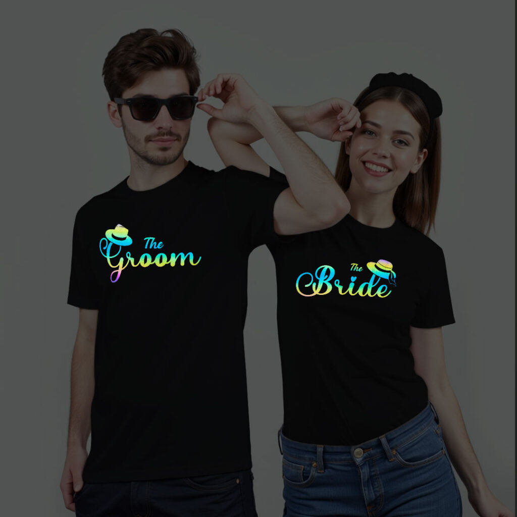 The Bride The Groom Wedding Rainbow Reflective T-shirt | Bride_Groom | Rainbow Reflective | Beige