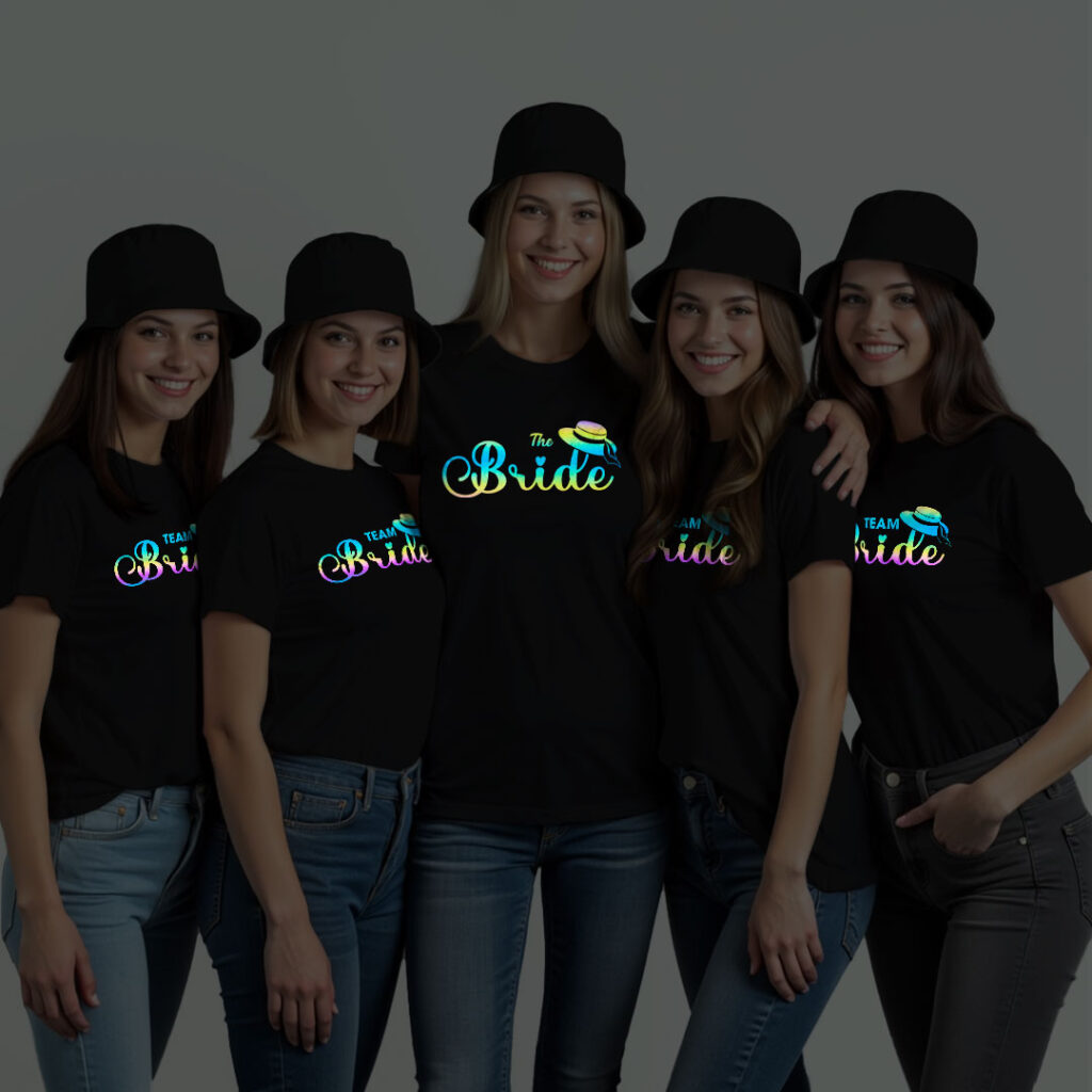 The Bride & Bride Team Wedding Rainbow Reflective T-shirt | Bride Squad | Rainbow Reflective | Beige