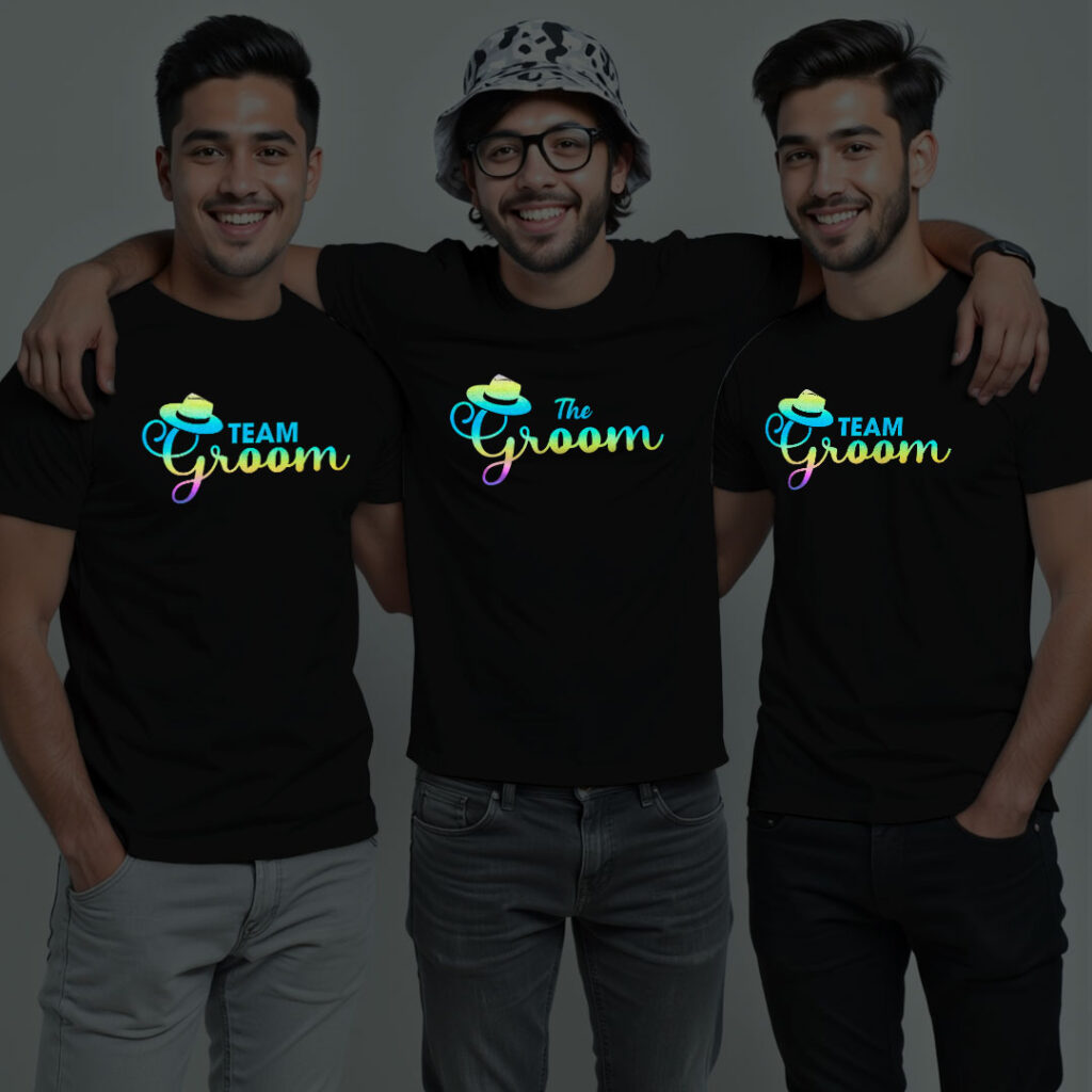 The Groom & Groom Team Wedding Rainbow Reflective T-shirt | Groom Squad | Rainbow Reflective | Beige
