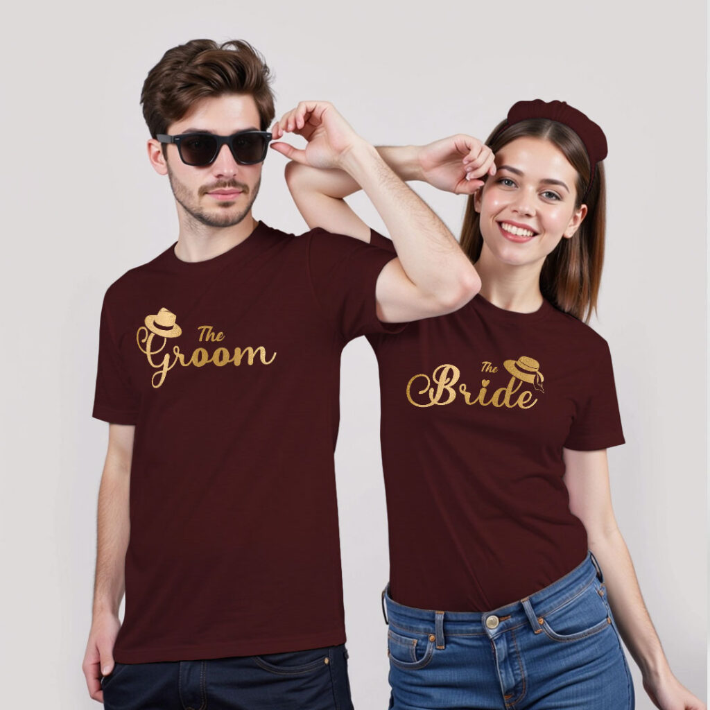 The Bride The Groom Gold Printed Wedding T-shirt | Bride_Groom | Metalic Print | Black