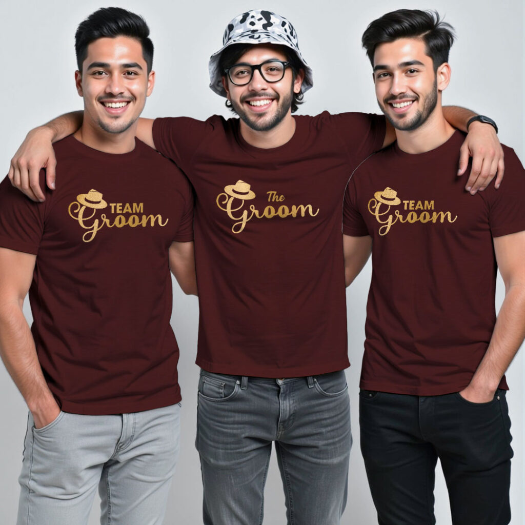 The Groom & Groom Team Gold Printed Wedding T-shirt | Groom Squad | Metalic Print | Black