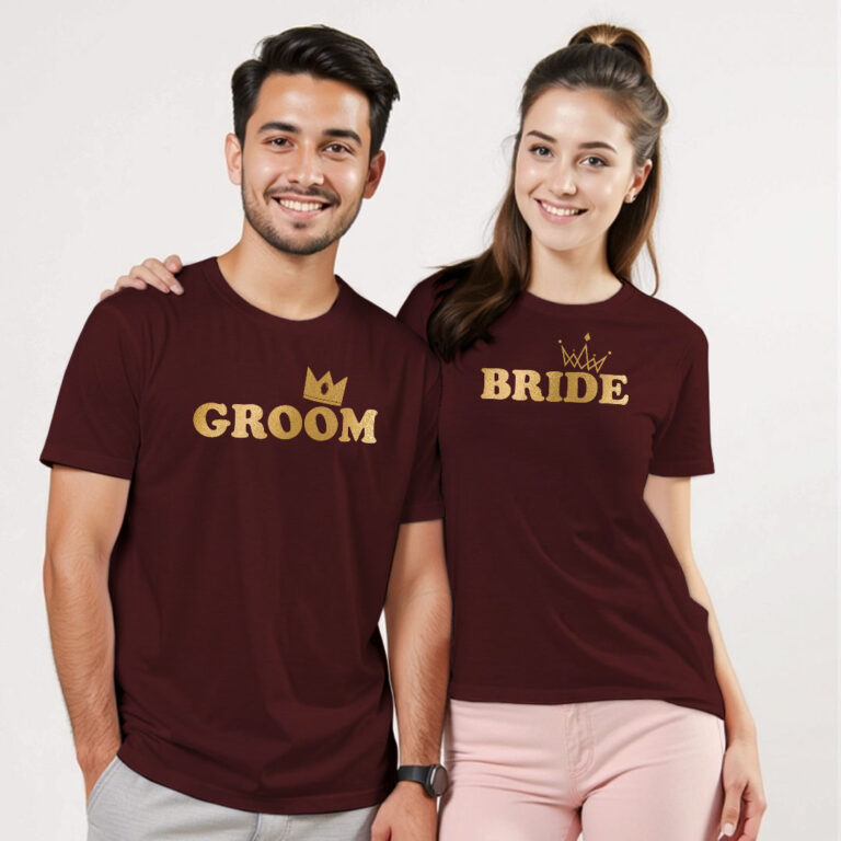 Crown with Groom Bride Gold Printed Wedding T-shirt