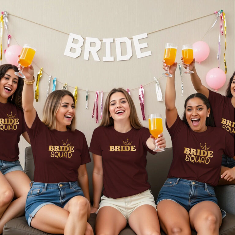 Crown with Bride & Bride Squad Gold Printed Wedding T-shirt