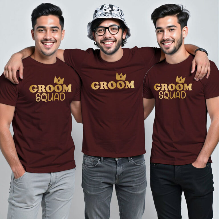 Crown with Groom & Groom Squad Gold Printed Wedding T-shirt