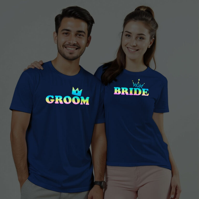 Crown with Groom Bride Wedding Rainbow Reflective T-shirt