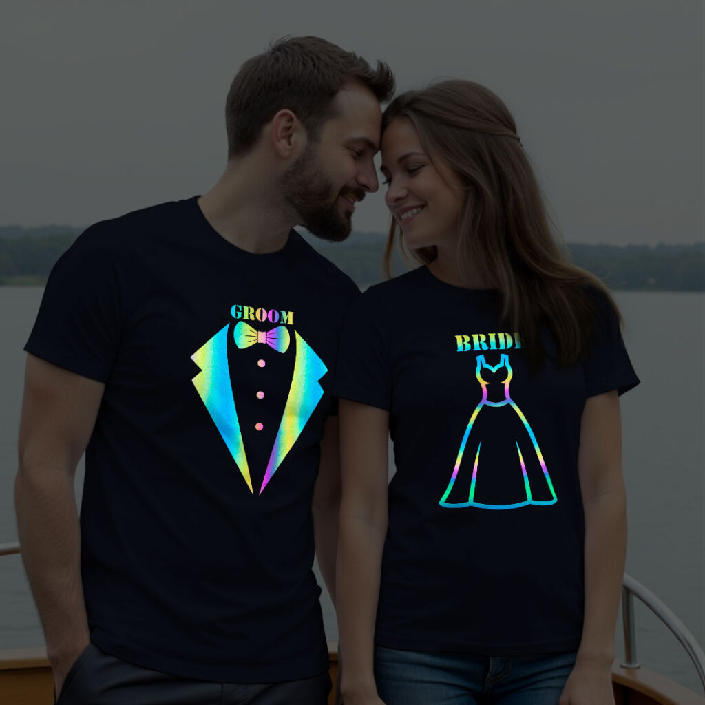 Special Groom Bride Wedding Rainbow Reflective T-shirt | Bride_Groom | Rainbow Reflective | Beige