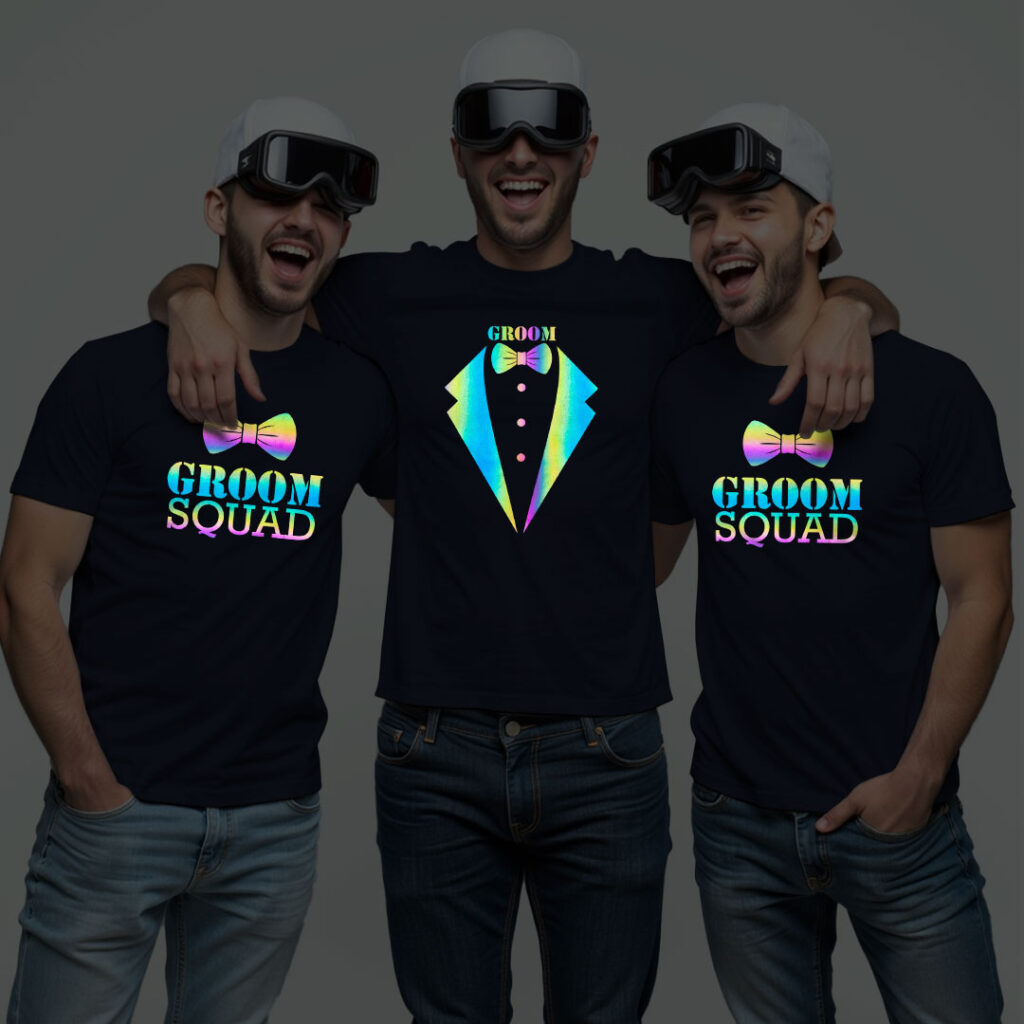 Special Groom & Groom Squad Wedding Rainbow Reflective T-shirt | Groom Squad | Rainbow Reflective | Beige