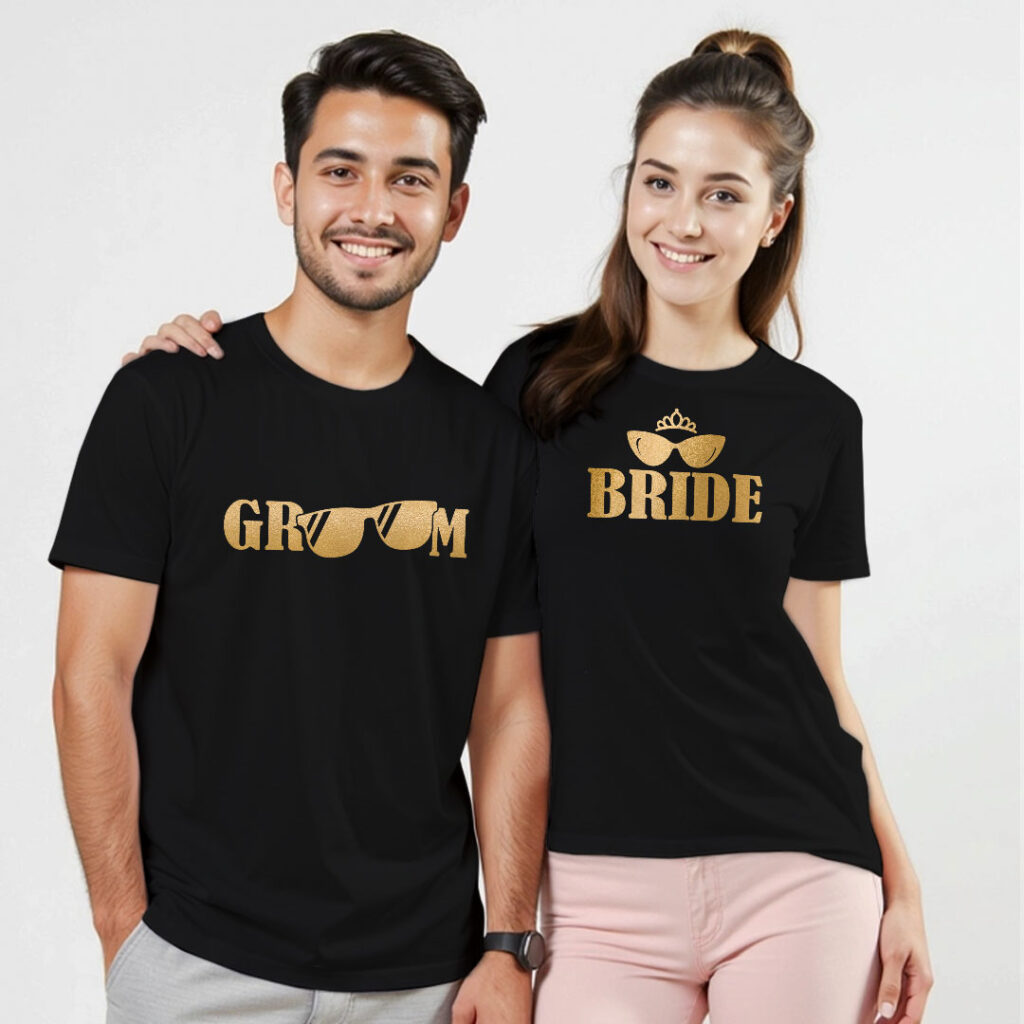 Swagger Bride Groom Gold Printed Wedding T-shirt | Bride_Groom | Metalic Print | Black