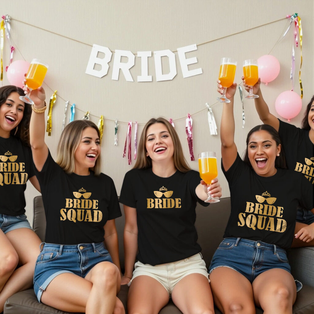 Swagger Bride & Bride Squad Gold Printed Wedding T-shirt | Bride Squad | Metalic Print | Black