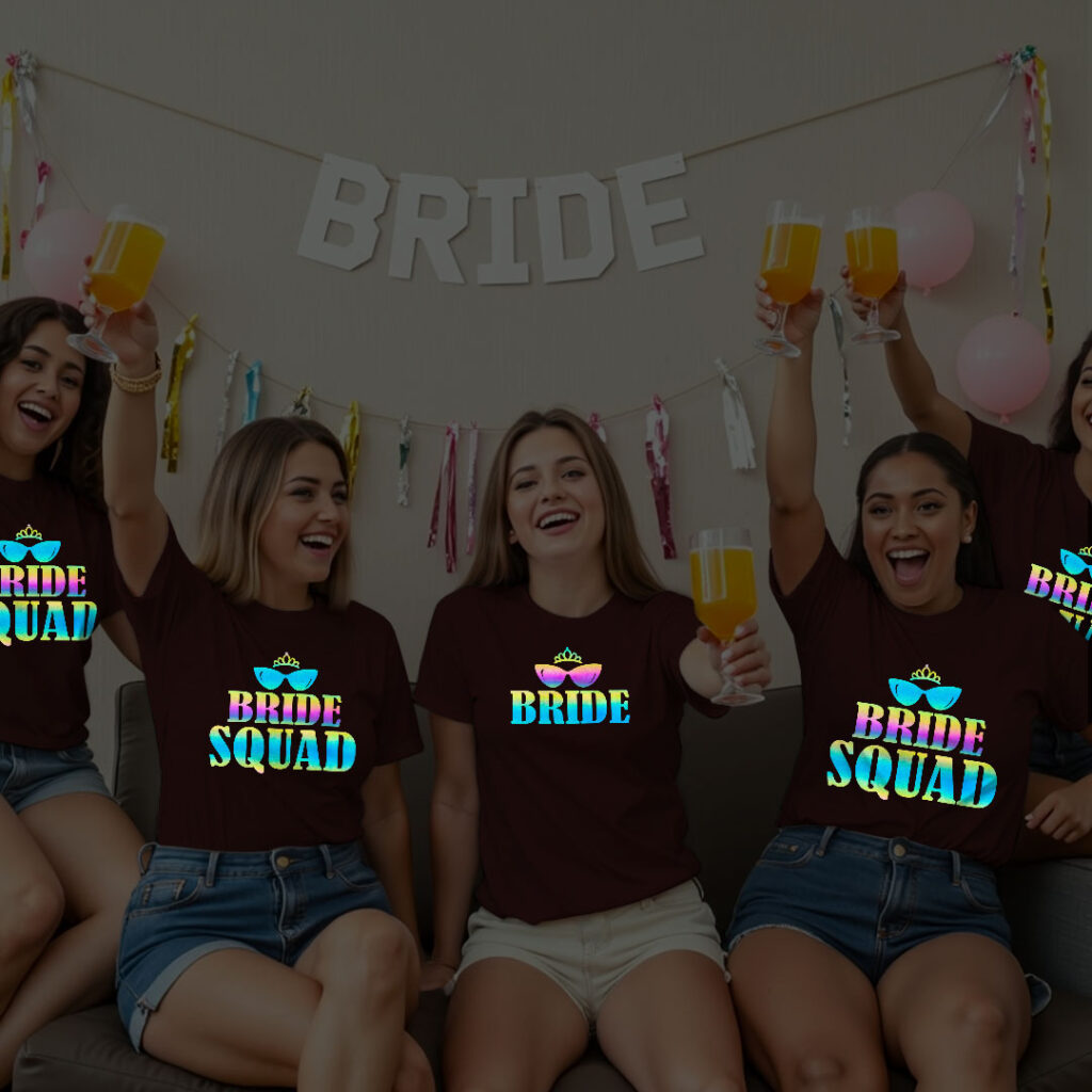 Swagger Bride & Bride Squad Wedding Rainbow Reflective T-shirt | Bride Squad | Rainbow Reflective | Beige