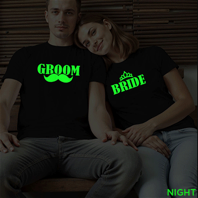 Funny Bride Groom Wedding Glow In The Dark T-shirt | Bride_Groom | Night Glow | Beige