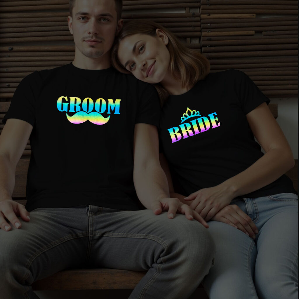 Funny Bride Groom Wedding Rainbow Reflective T-shirt | Bride_Groom | Rainbow Reflective | Beige